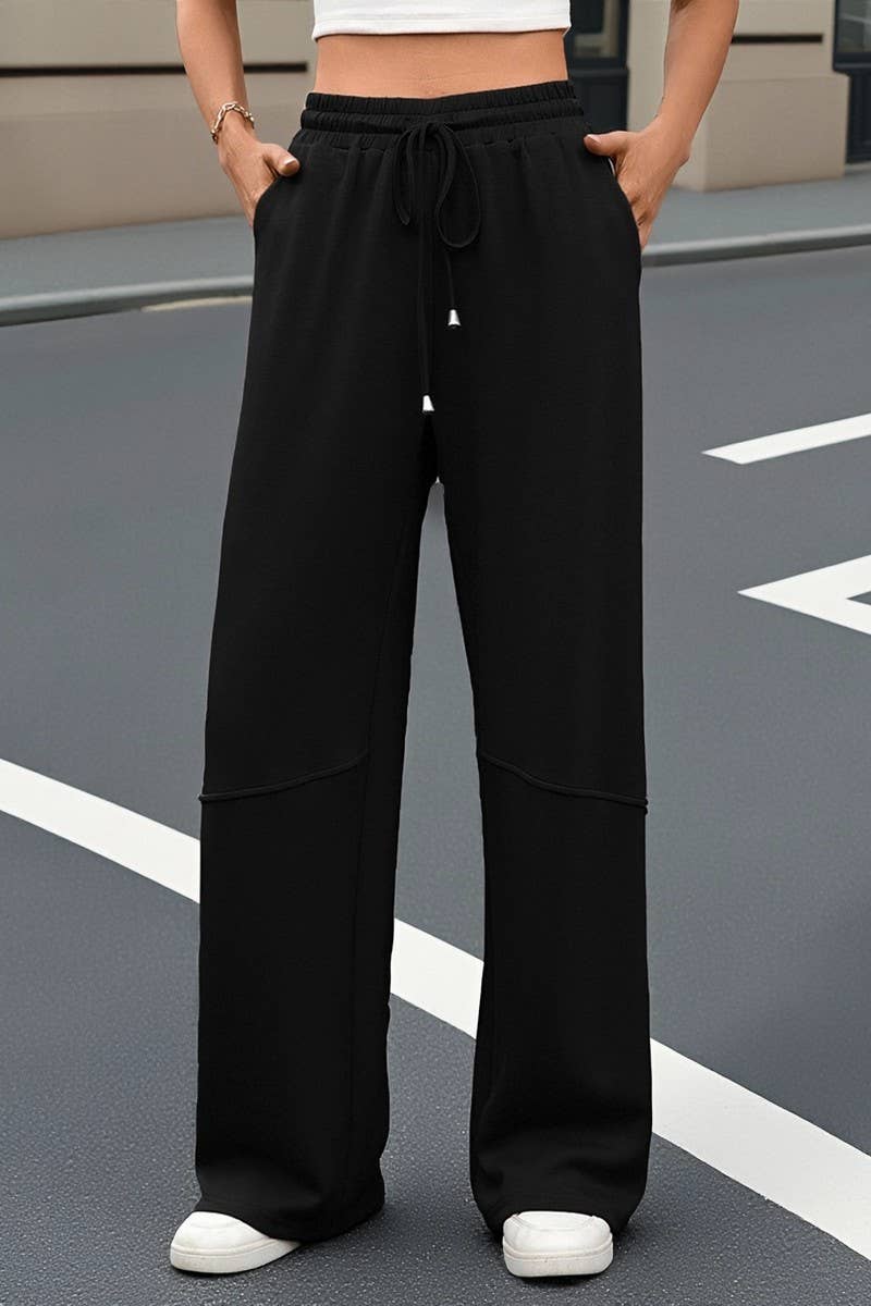 CWBLP01088_SOLID COLOR LOOSE DRAWSTRING CASUAL PANTS