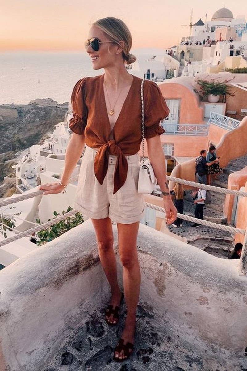 CWTBLS2349_SOLID COLOR LACE-UP CARDIGAN CROPPED TOP SHIRT