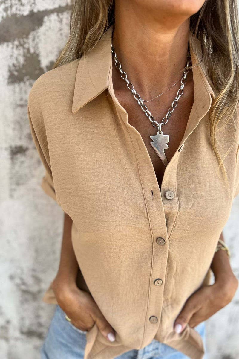 CWTBLS2329_SOLID CASUAL COLLARED BUTTON SHORT SLEEVE SHIRT