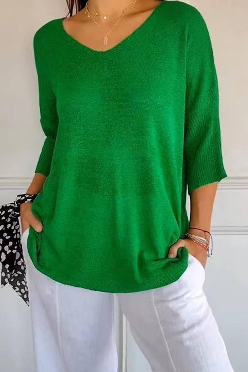 CWOSWL07659_V-NECK SOLID COLOR KNITTED BOTTOMING TOP