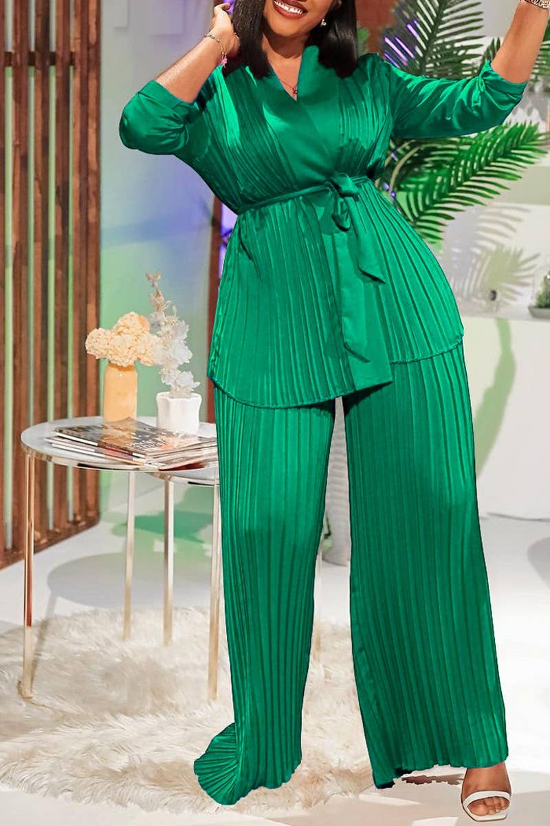 CWSTB0523_PLUS SIZE  LACE UP SHIRT  TROUSERS TWO-PIECE SET