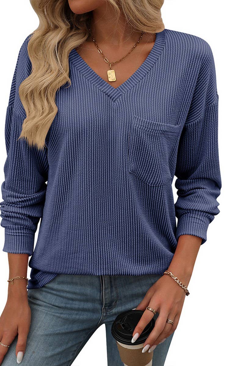 CWTBLL1506_V-NECK COLORBLOCK TWIST LONG-SLEEVED T-SHIRT