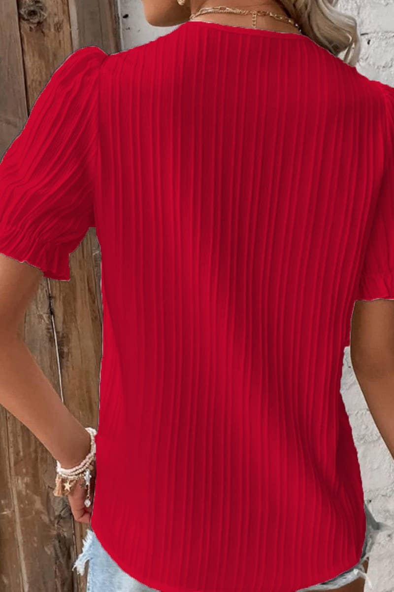 CWTBLS1468_SOLID COLOR V-NECK HOLLOW SHORT-SLEEVED SHIRT