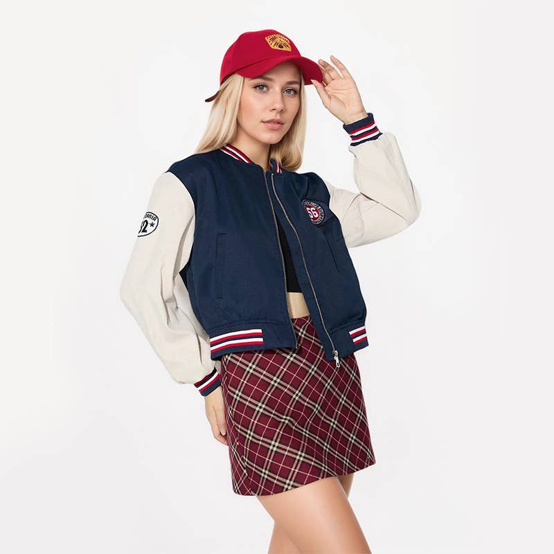COLOR CONTRAST PATCHWORK PRINT BASEBALL JACKET