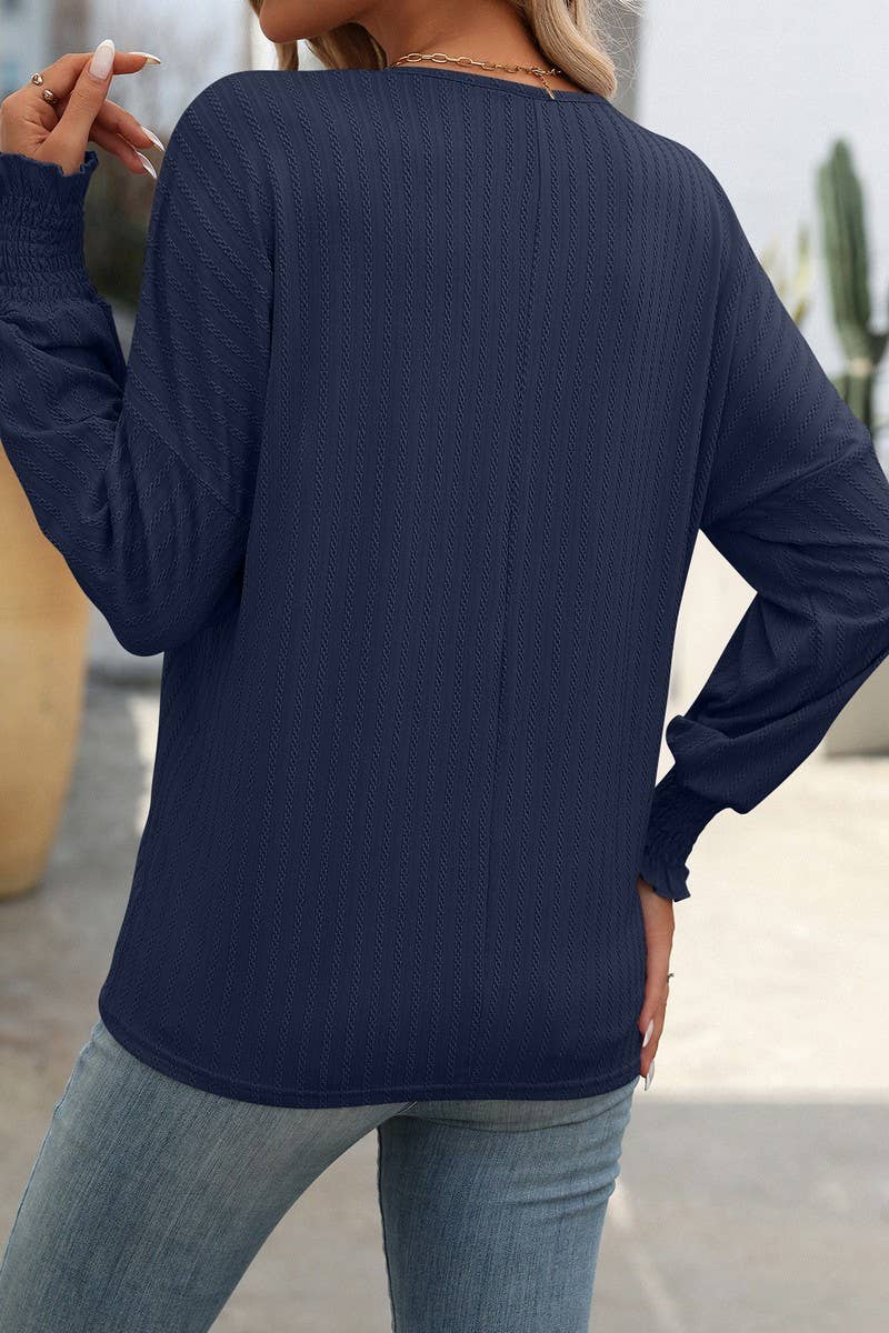 CWTBLL1814_LOOSE FIT V-NECK BATWING SLEEVE LONG SLEEVE TOP