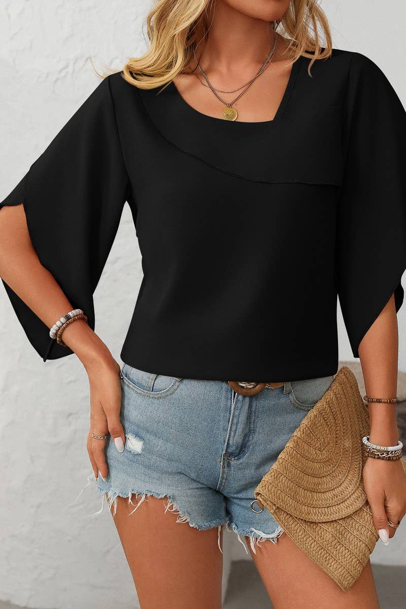 CWTBLS1711_CASUAL OBLIQUE V-NECK CHIFFON BUD SLEEVE TOP