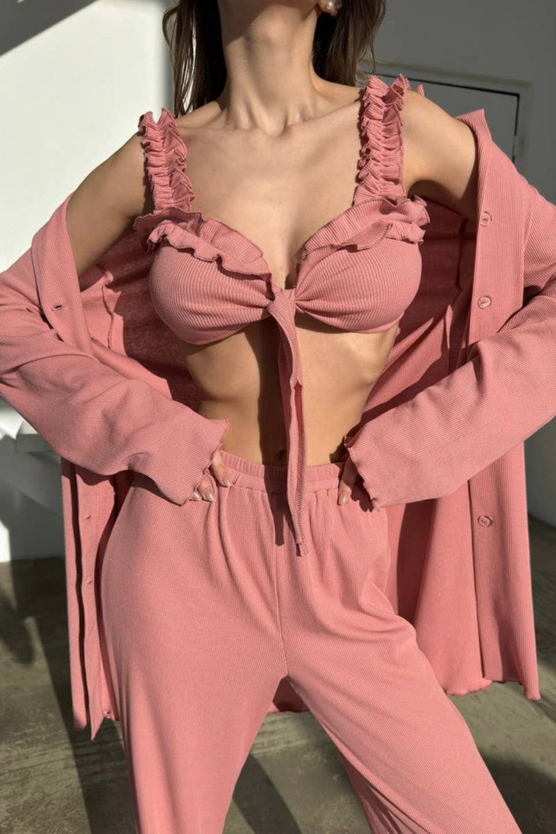 CWSPJ0355_KNITTED SOLID COLOR PAJAMAS THREE PIECE SET