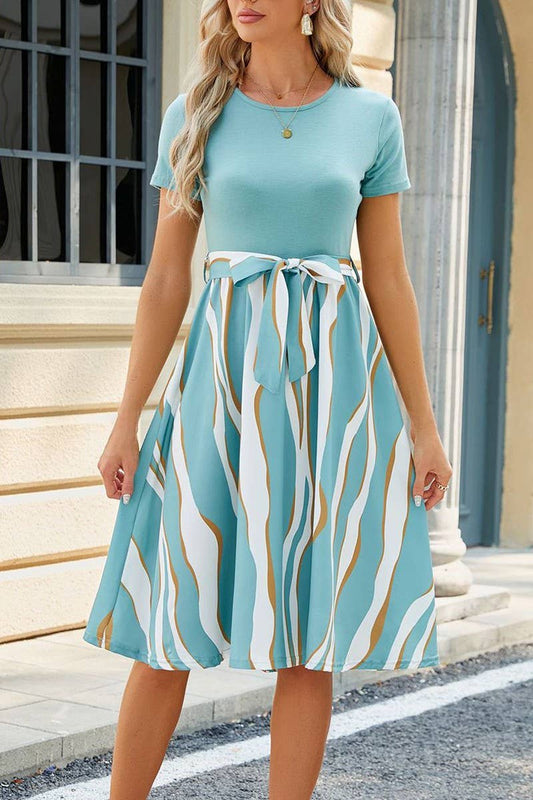 CREW NECK SPLICED PRINT SHORT SLEEVED SWING DRESS_CWDSD2793