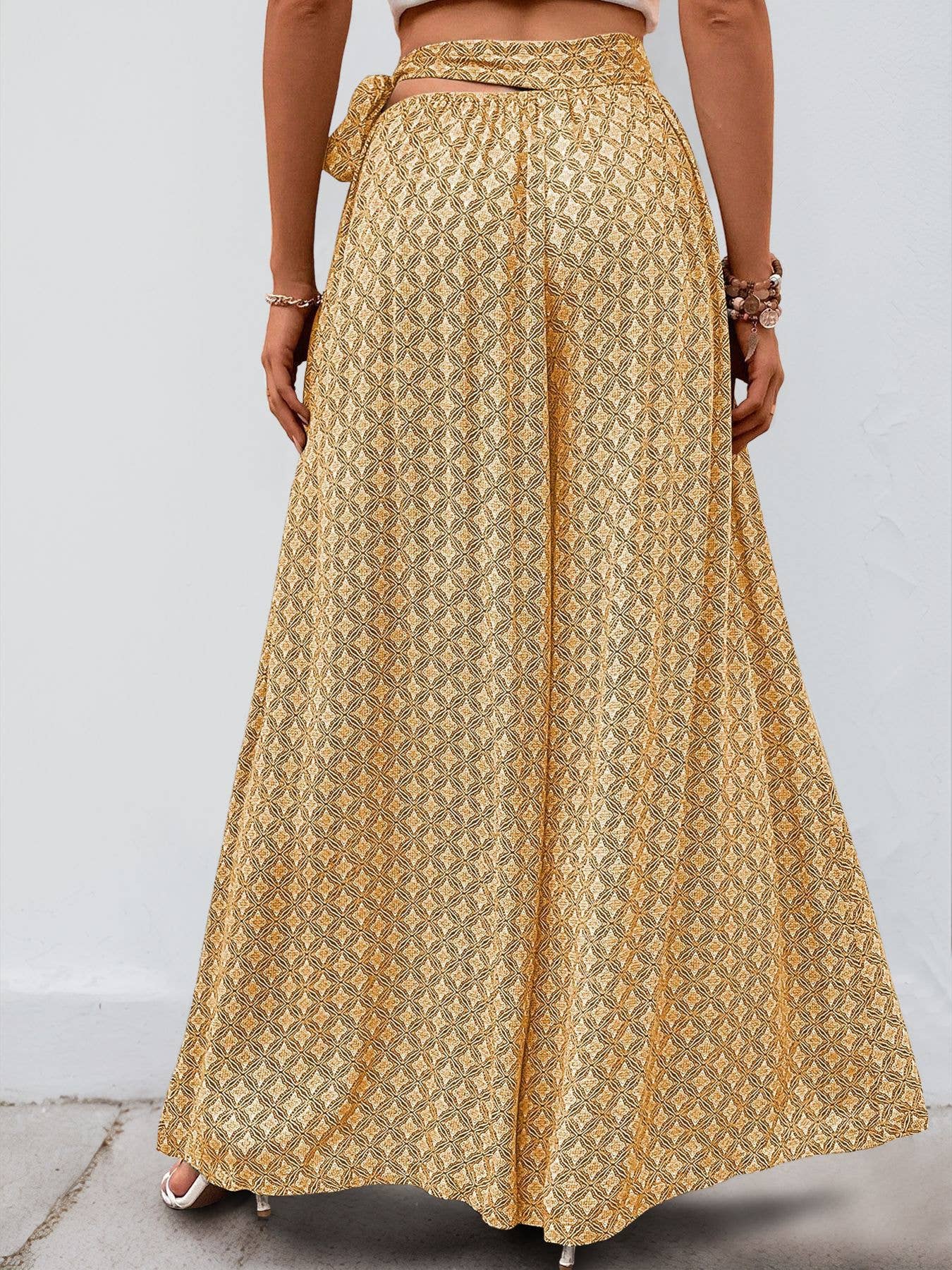 Casual lace-up geometric print flared pants