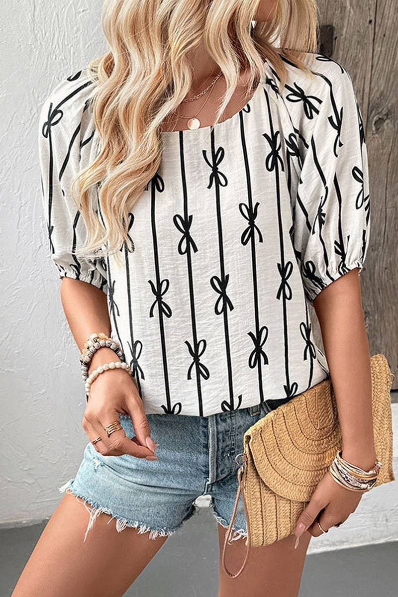 CWTBLS2134_PUFF SLEEVE SQUARE NECK BOW TIE STRIPE SHIRT