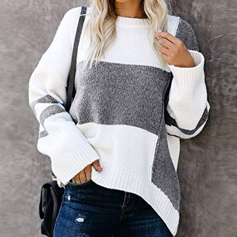 COLOR PATCHWORK CREW NECK PULLOVER SWEATER