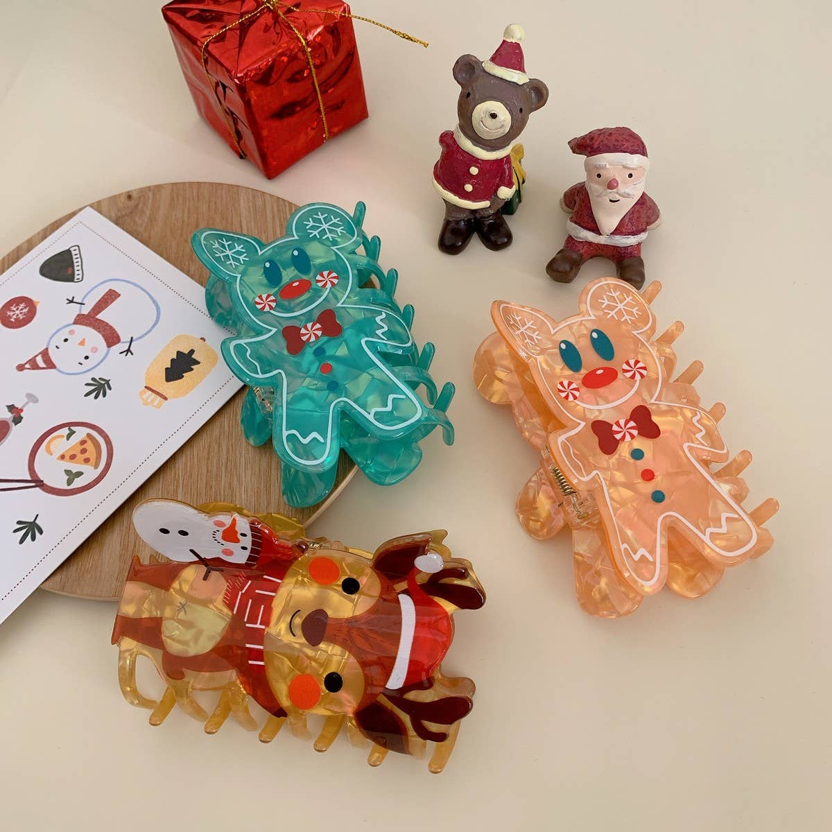 CWAHA07724_CHRISTMAS GINGERBREAD SANTA REINDEER HAIR CLAW