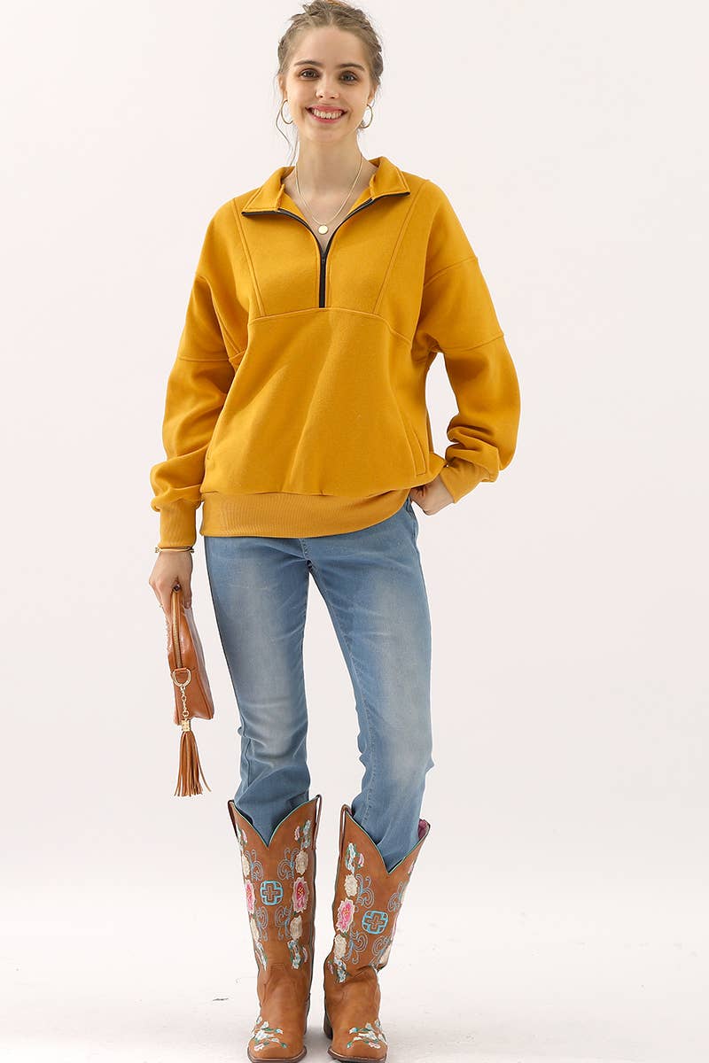 CWTTL1423_Zip neck Casual Long Sleeve Top