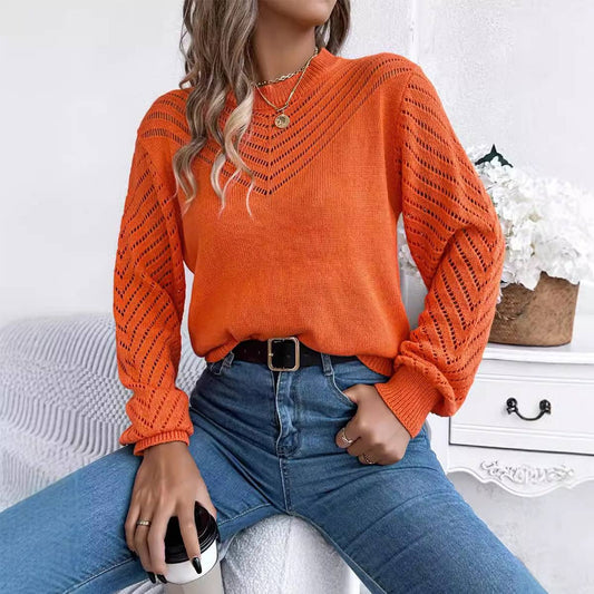 CREW NECK HOLLOWED OUT SLEEVE PULLOVER SWEATER