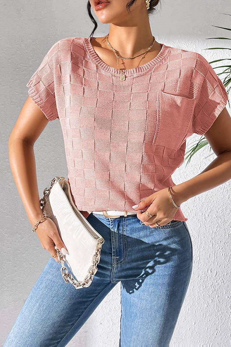 CWOSWS0086_SOLID COLOR LOOSE KNIT SHORT-SLEEVED TOP