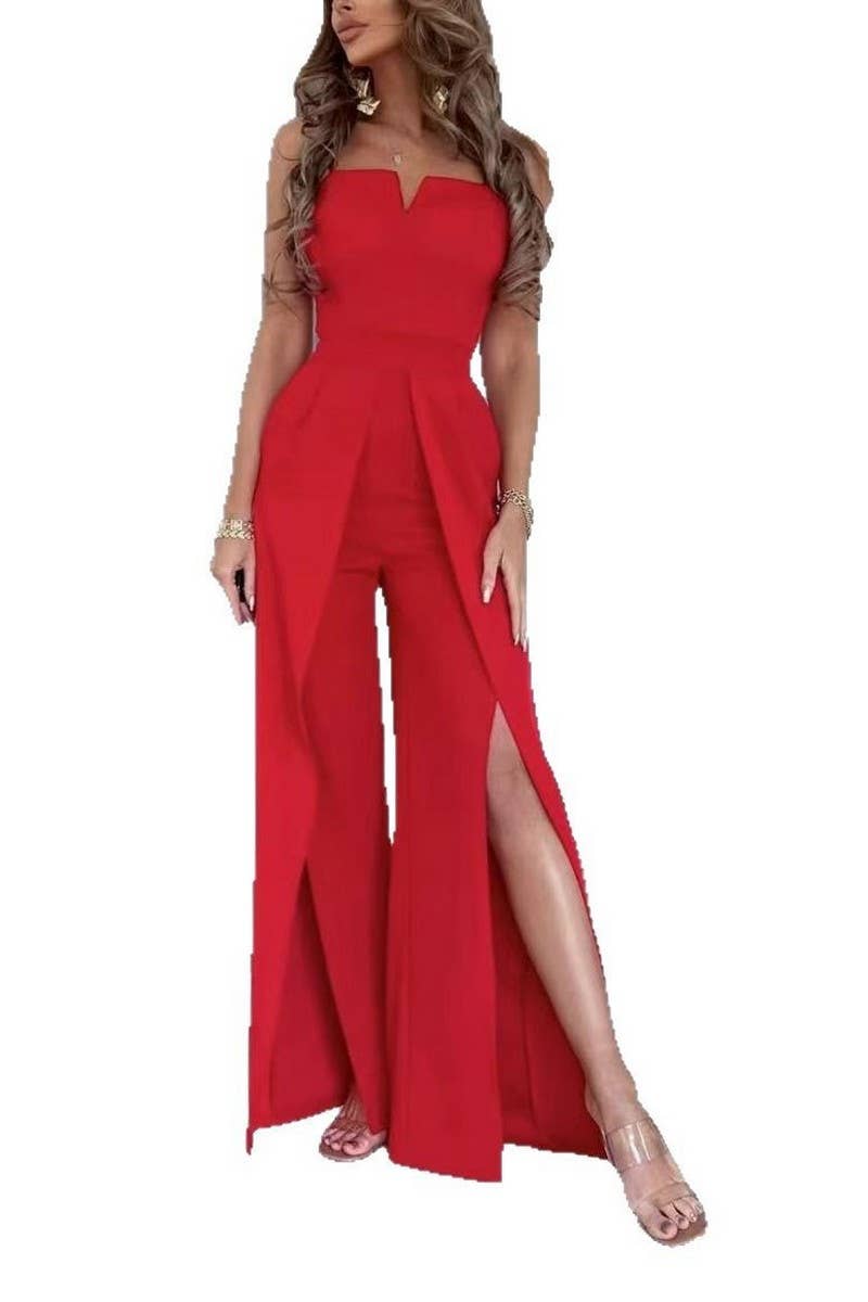 CWSJS1697_SOLID SLIM SPLIT LEG STRAPLESS JUMPSUIT