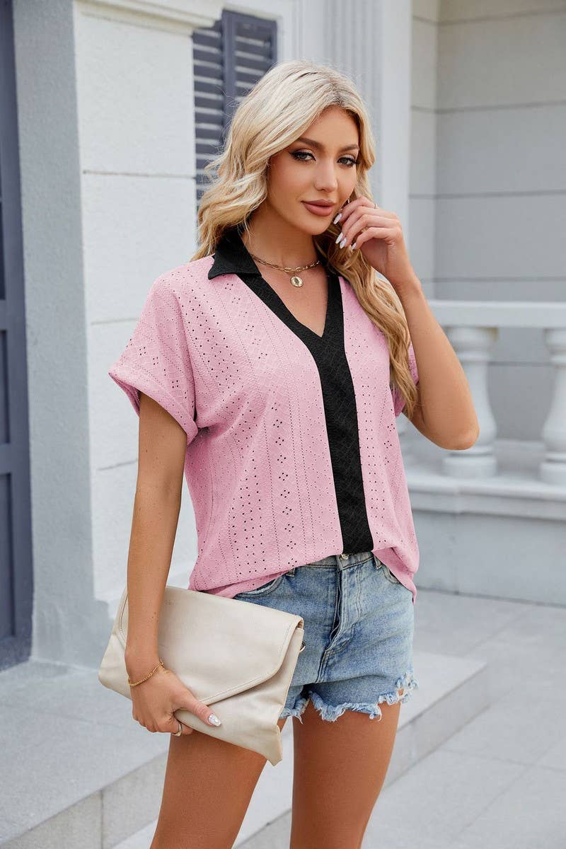 CWTTS0832_V-Neck Short Sleeve Knit Top