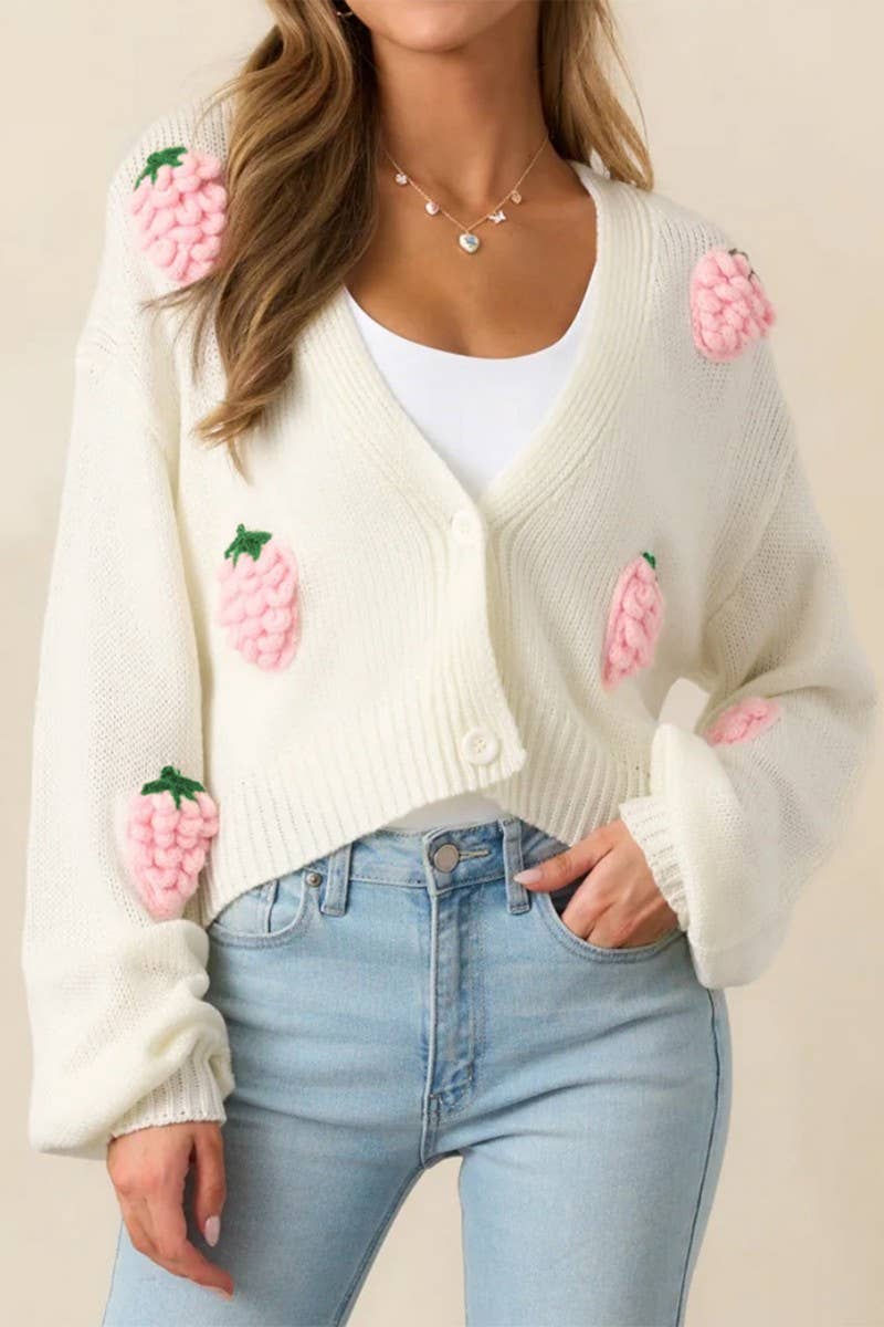 CWOCAL2353_3D STRAWBERRY PATTERN KNITTED CARDIGAN SWEATER