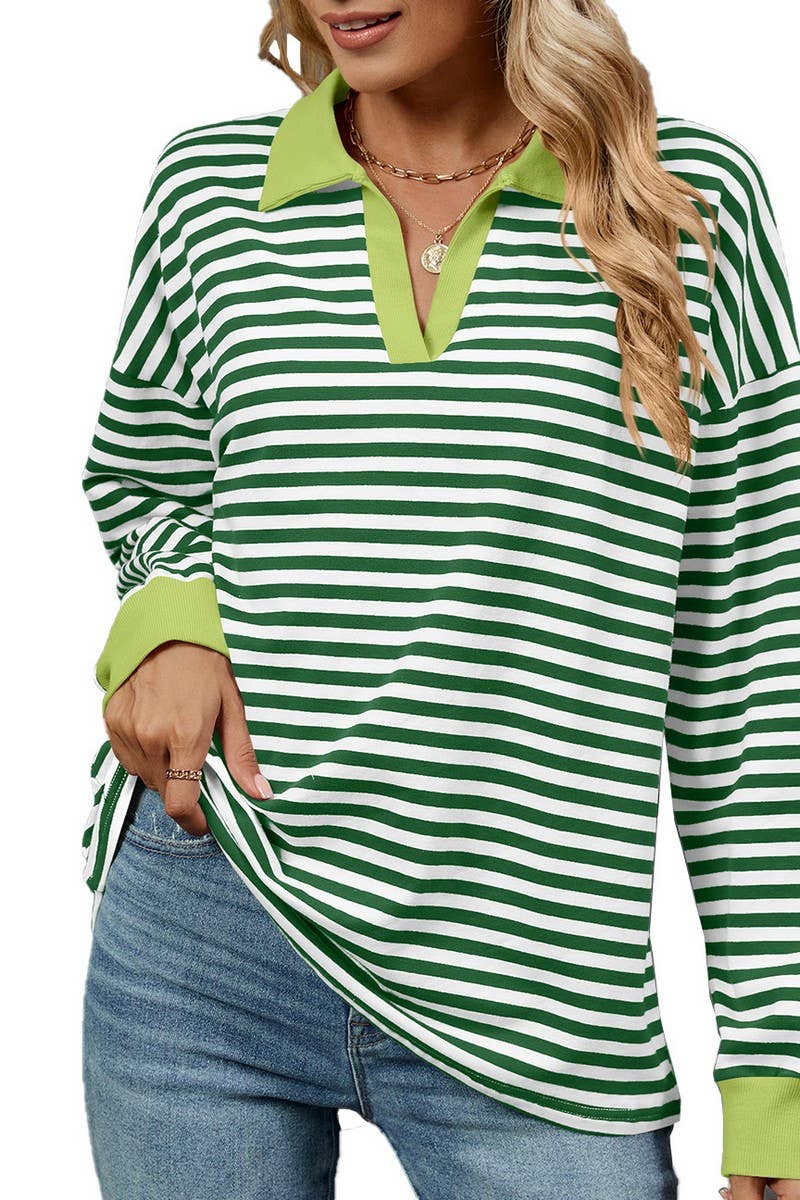 CWTBLL2361_CONTRAST COLOR LAPEL LOOSE STRIPED SWEATSHIRT