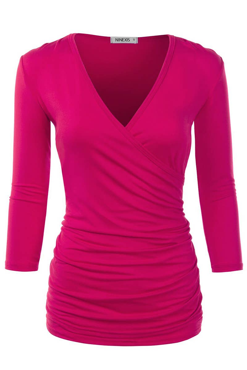 CWTTL1403_3/4 Sleeve Tank Tops Deep V-Neck Surplice Wrap