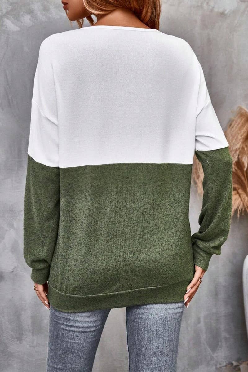 CWTBLL1424_V-NECK CROSS-CONTRAST DROPPED SHOULDER SLEEVE TOP