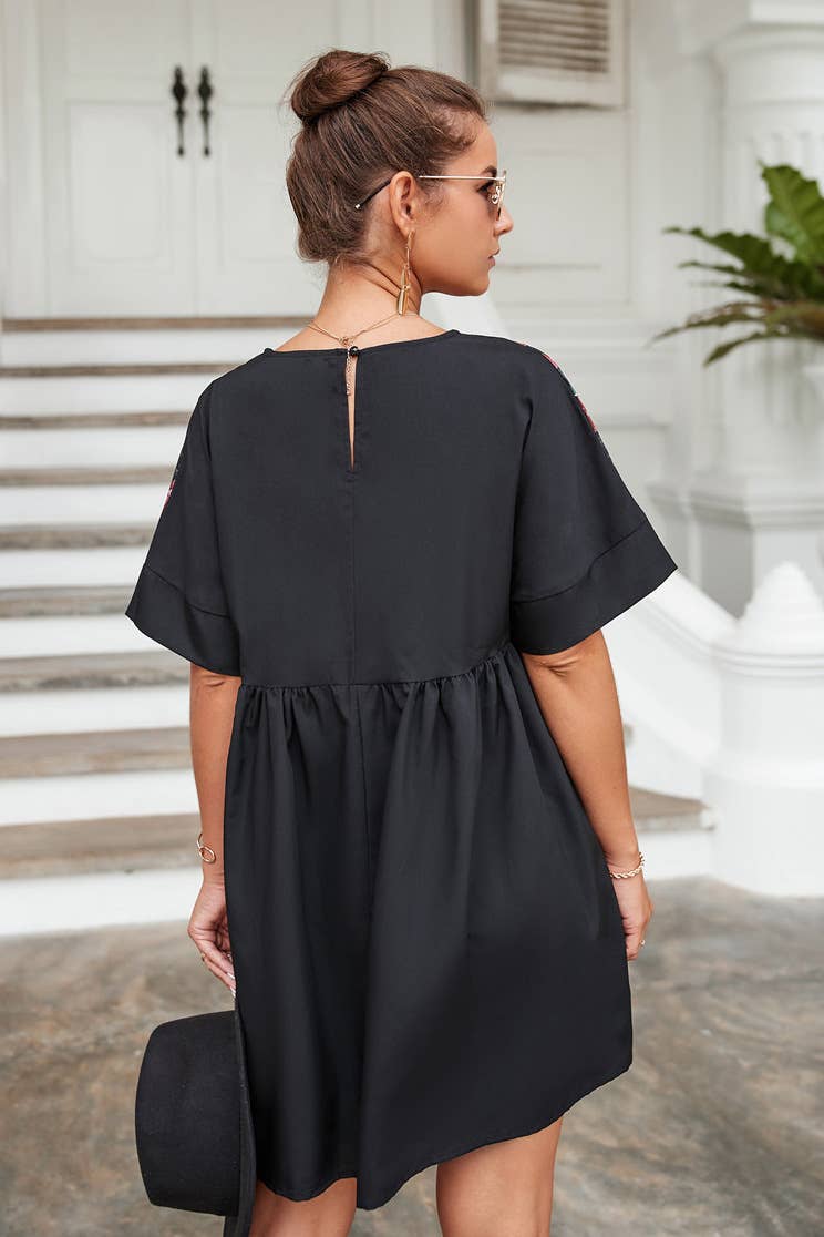 CREW NECK PRINT PATCHWORK LOOSE SHORT DRESS