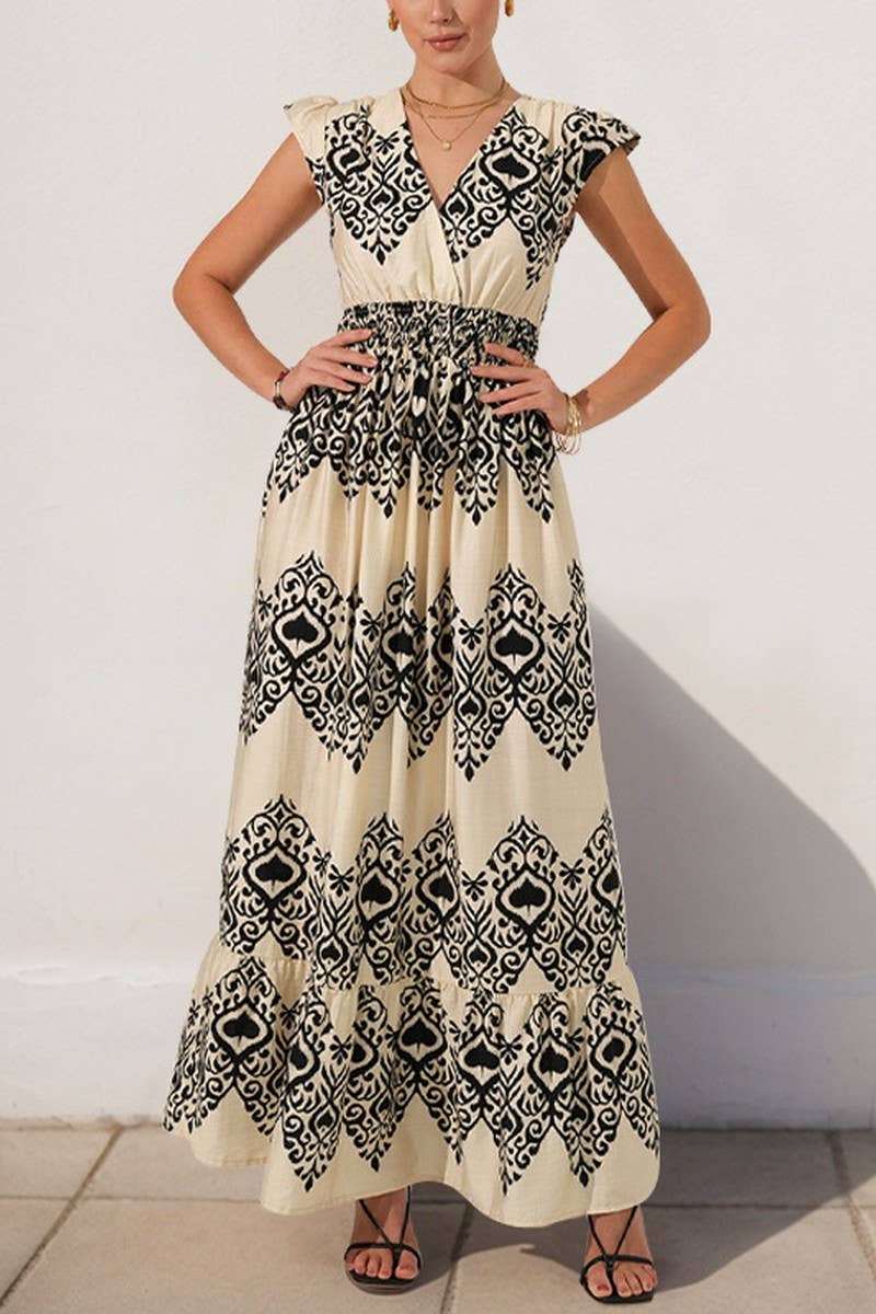 CWDMD5827_BOHO V-NECK HIGH WAIST FLUTTER SLEEVE MAXI DRESS