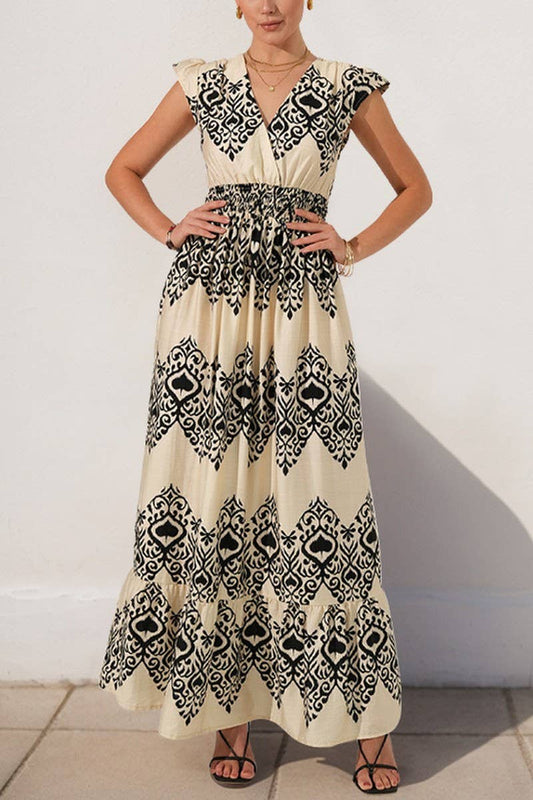 CWDMD5827_BOHO V-NECK HIGH WAIST FLUTTER SLEEVE MAXI DRESS