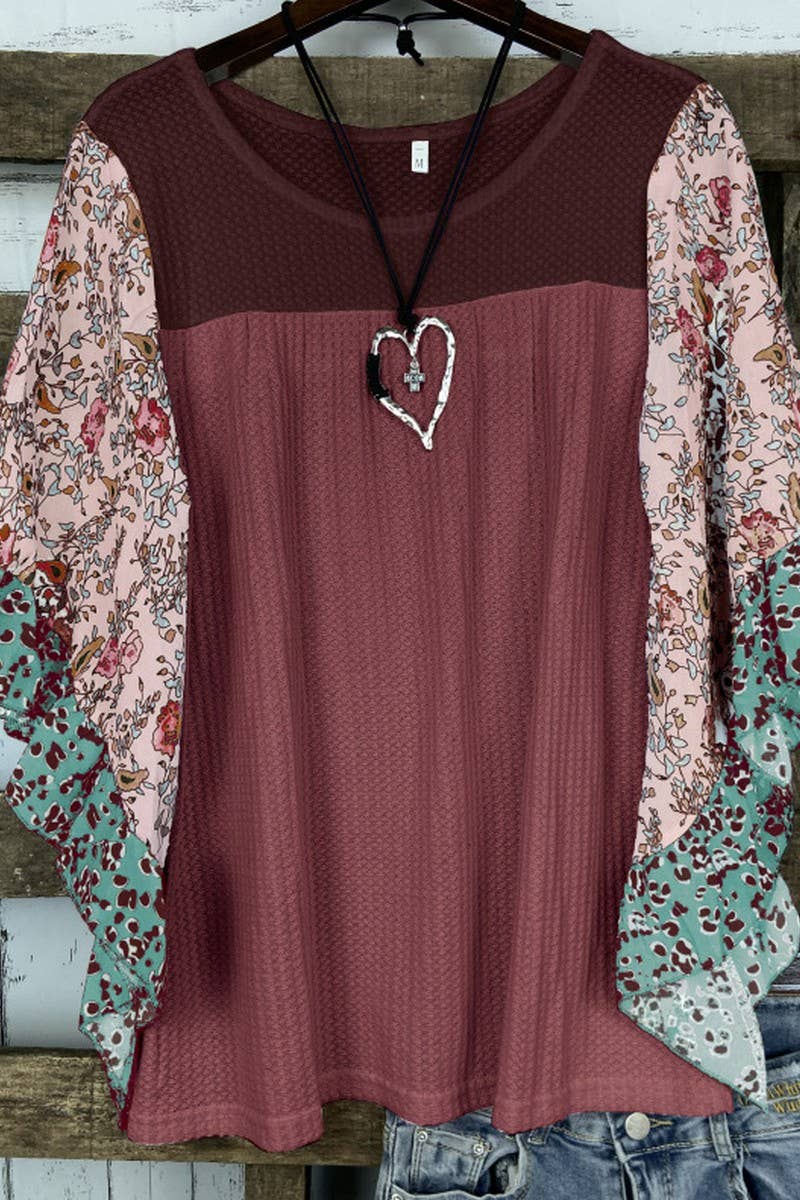 CWTBLS2231_COLORBLOCK PRINT BATWING SLEEVE WAFFLE TOP