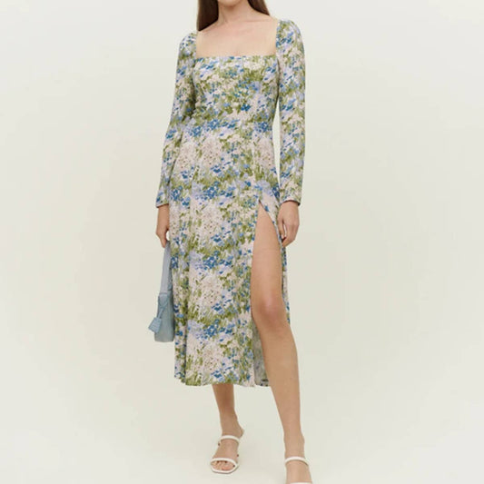 FLORAL PRINT CABLE LONG-SLEEVED SPLIT DRESS