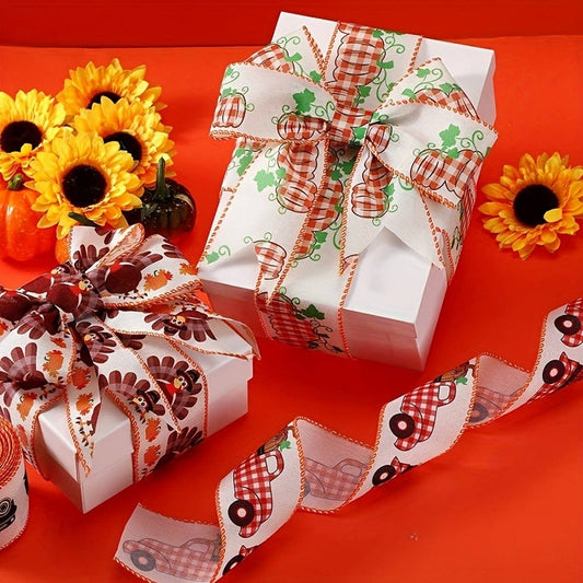 CWMM10206_THANKSGIVING RIBBON SET PUMPKIN PLAID FARMHOUSE