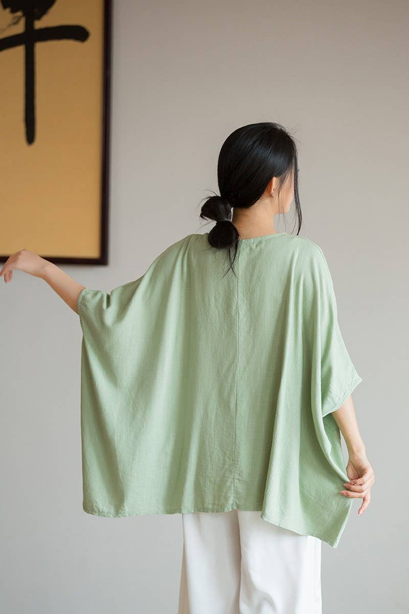 CWTBLS1454_LINEN BATWING SLEEVE SUN PROTECTION TOP