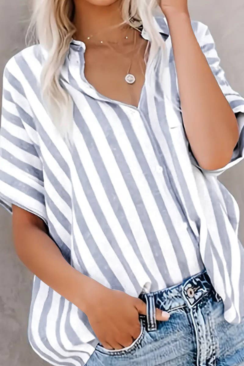 CWTBLSL0993_CASUAL LOOSE TWO-TONE STRIPED CARDIGAN SHIRT