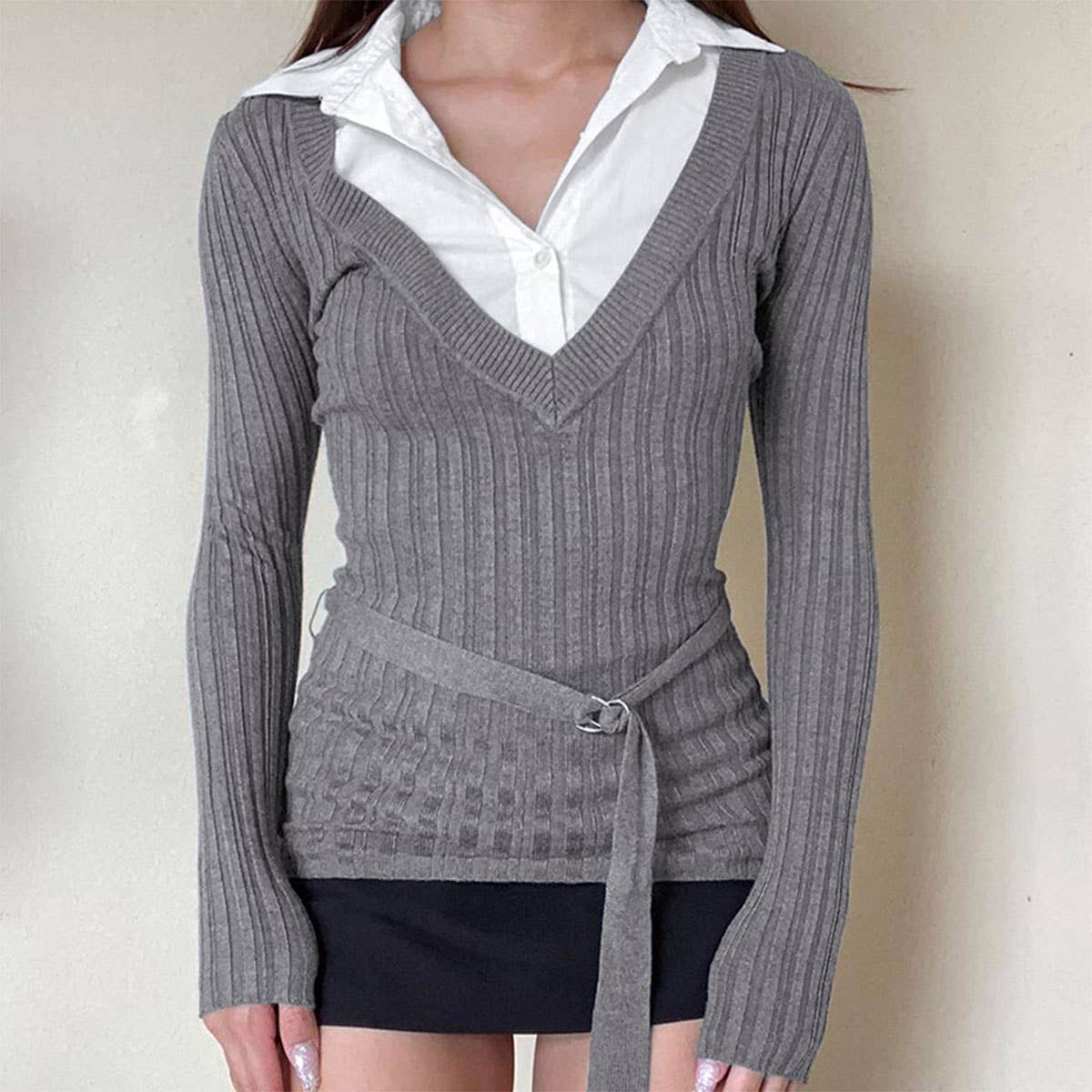 CONTRASTING COLOR POLO COLLAR FAKE TWO T-SHIRTS