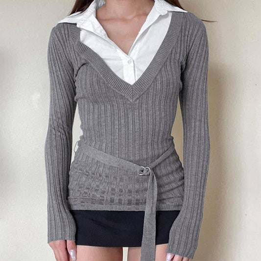 CONTRASTING COLOR POLO COLLAR FAKE TWO T-SHIRTS