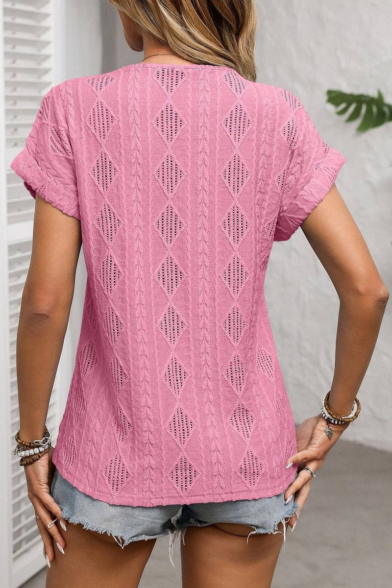 CWTBLS1618_SOLID COLOR V-NECK SHORT SLEEVE BUTTON TOP