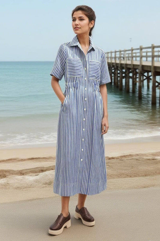 CWDMD6371_STRIPED BELTED CINCHED WAIST SHORT SLEEVE DRESS