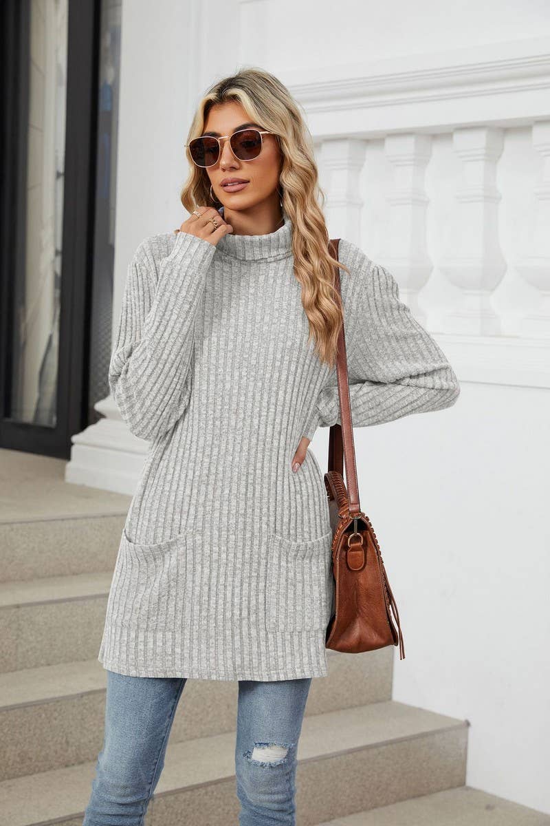 CWTBLL1200_SOLID COLOR RIBBED HALF TURTLENECK POCKET TOP