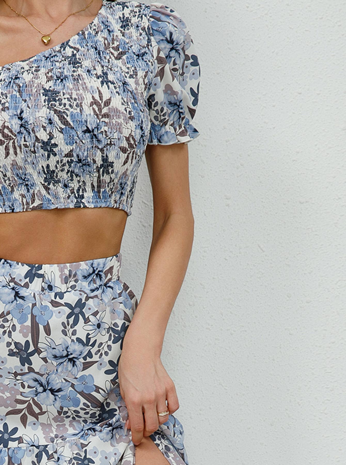 Diagonal shoulder short top long split skirt set