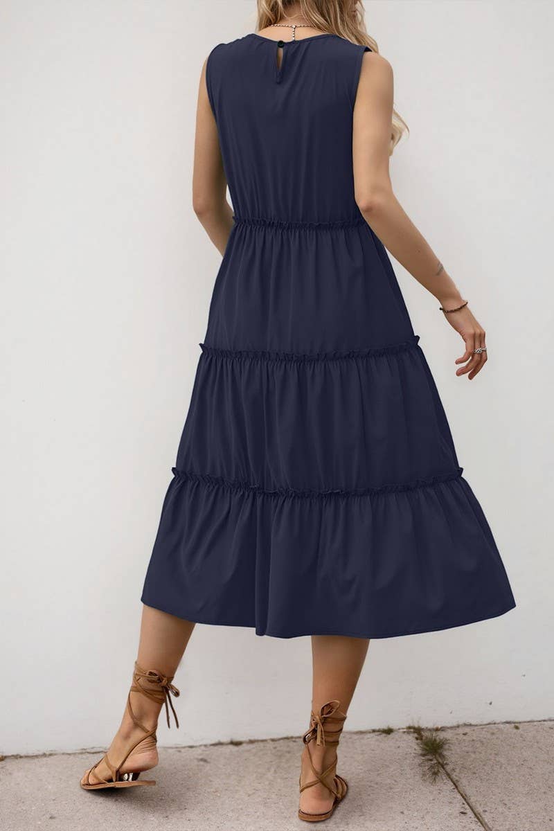 CWDMD5773_SOLID RUFFLED SLEEVELESS PLEATED MIDI DRESS
