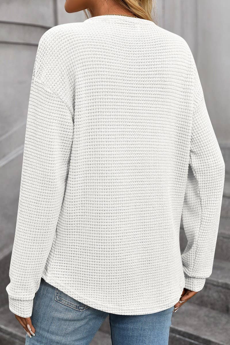 CWTBLL1821_WAFFLE SOLID COLOR ROUND NECK POCKET LOOSE TOP