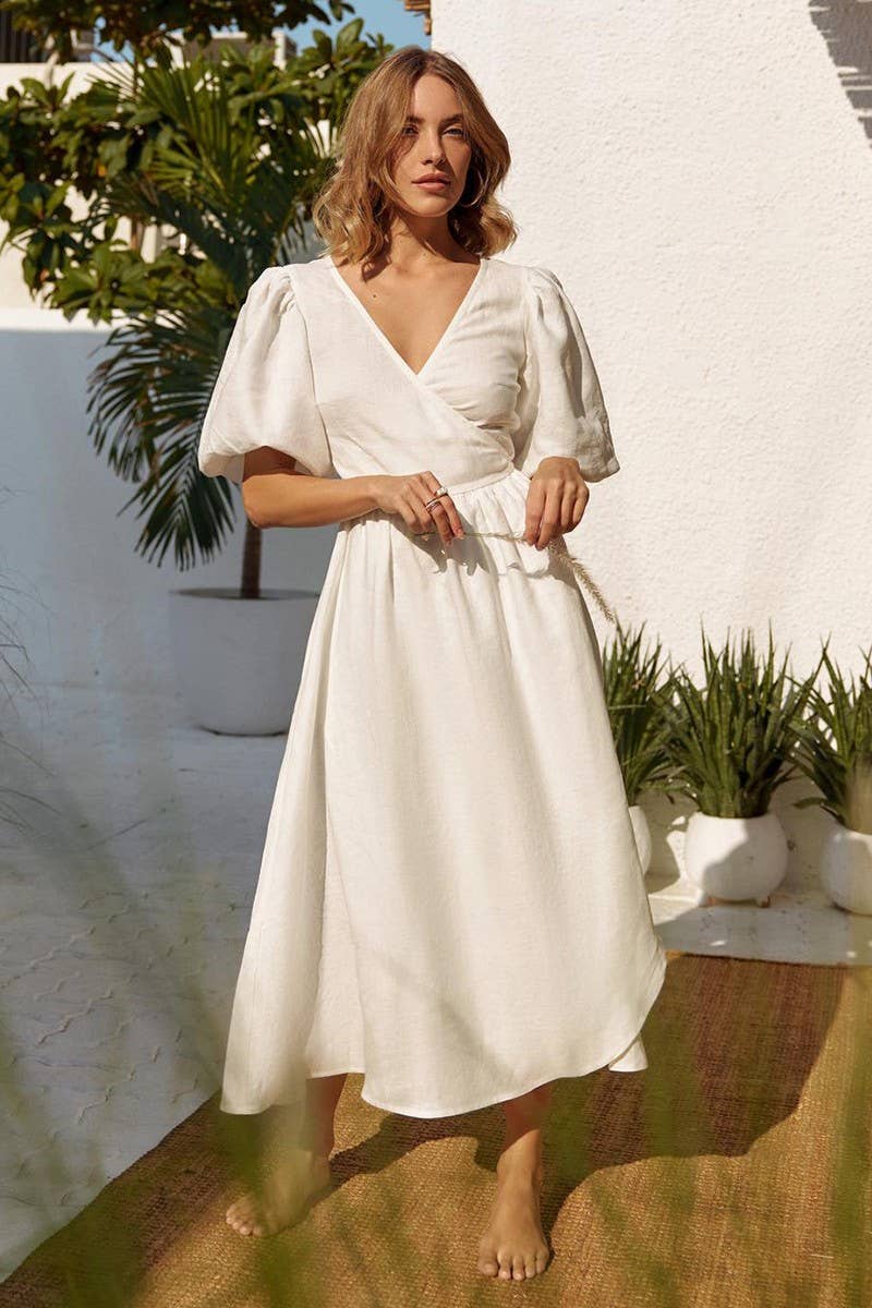 CWDMD5246_COTTON TIE-BACK PUFF SLEEVE MAXI DRESS