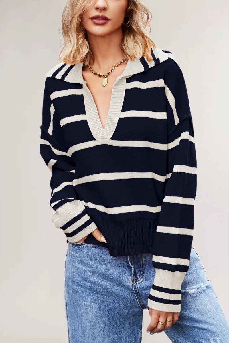 CWOSWL6849_V-NECK STRIPED CONTRAST COLOR LOOSE SWEATER