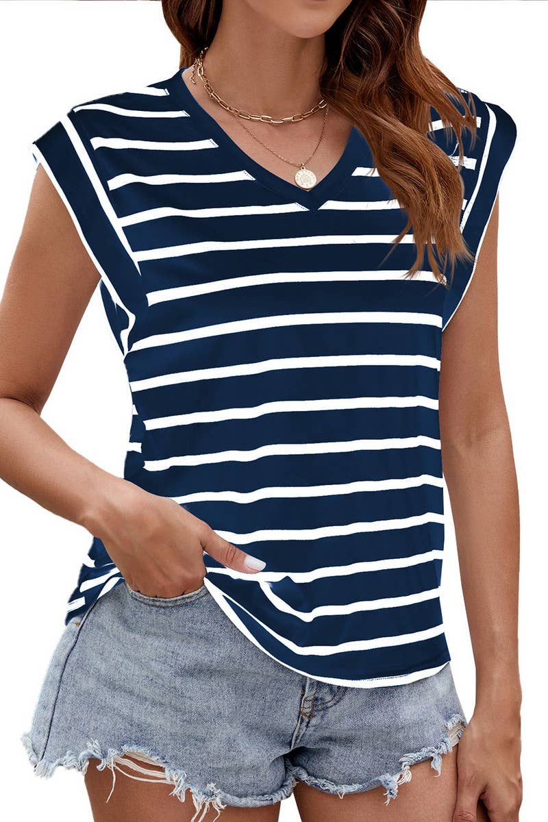 CWTBLS0863_V-NECK FLYING SLEEVE STRIPED CASUAL T-SHIRT VEST