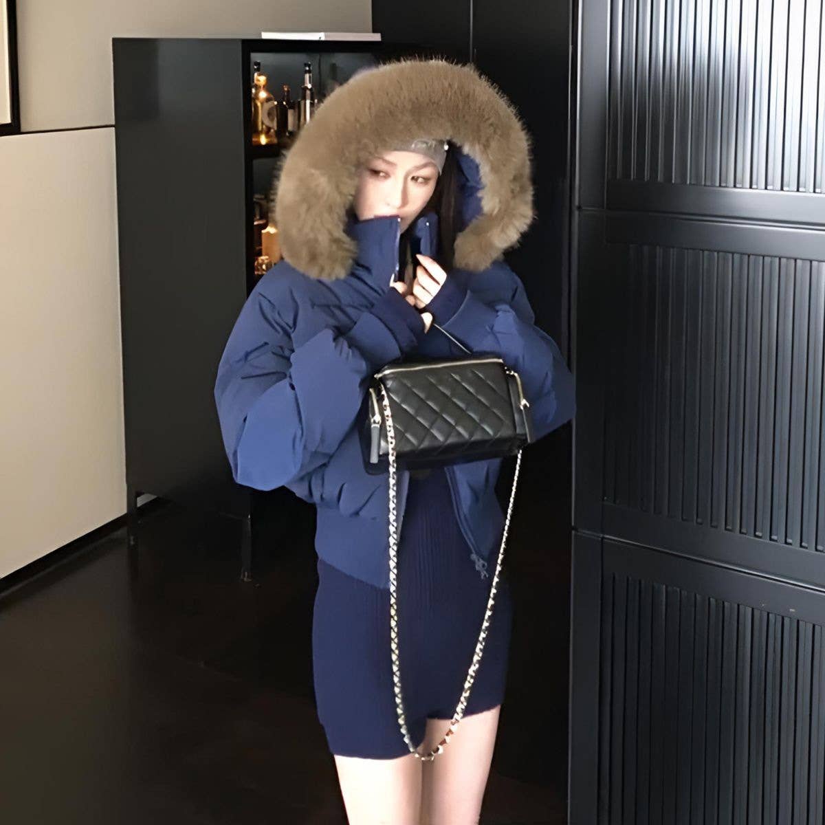 Design sense hooded wool collar cotton jacket