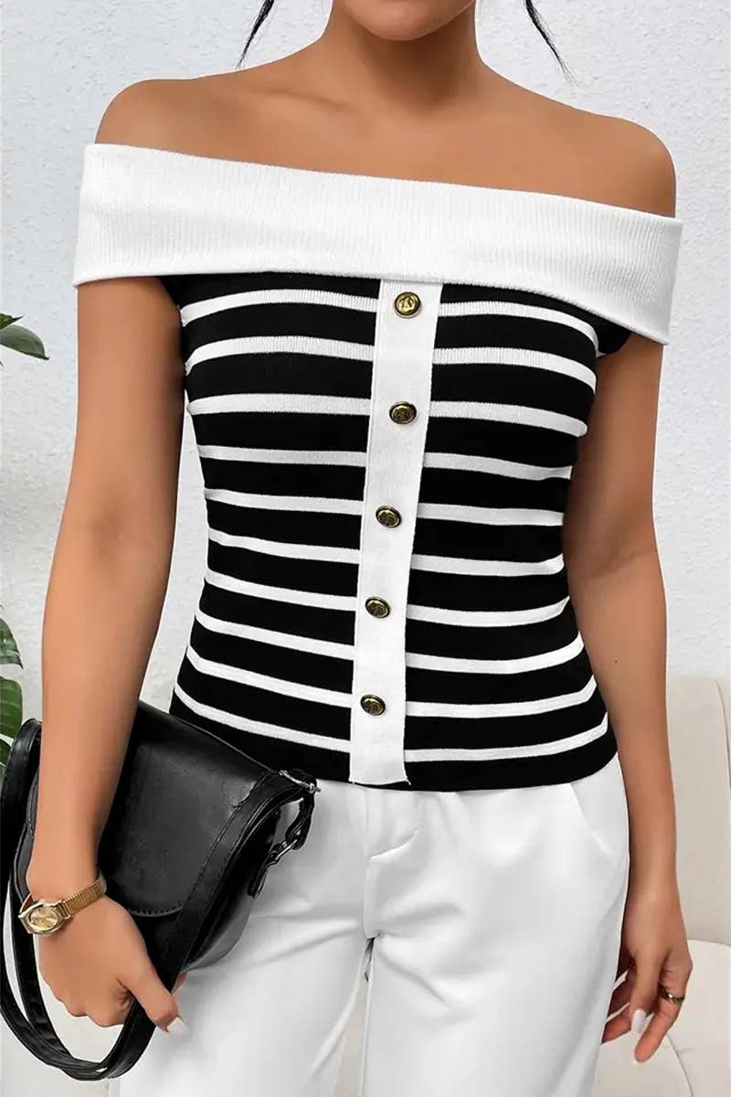 CWTTS1306_FASHION STRIPED OFF-SHOULDER BOAT NECK SWEATER