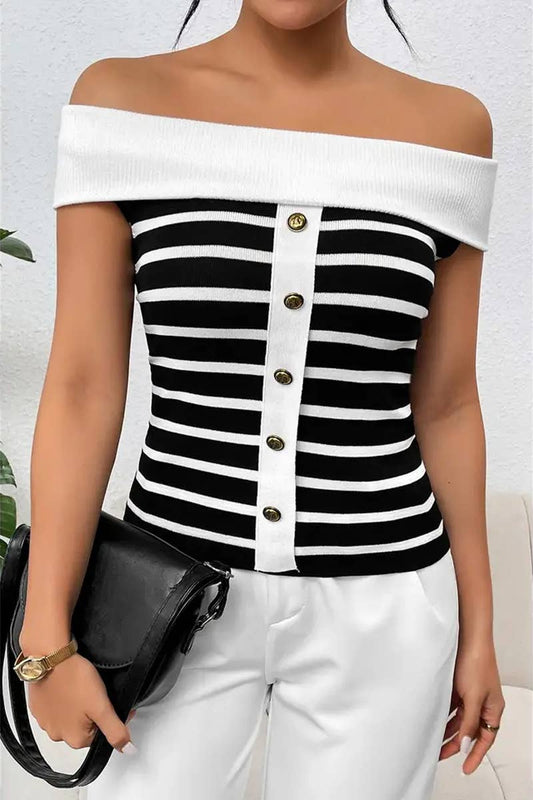 CWTTS1306_FASHION STRIPED OFF-SHOULDER BOAT NECK SWEATER