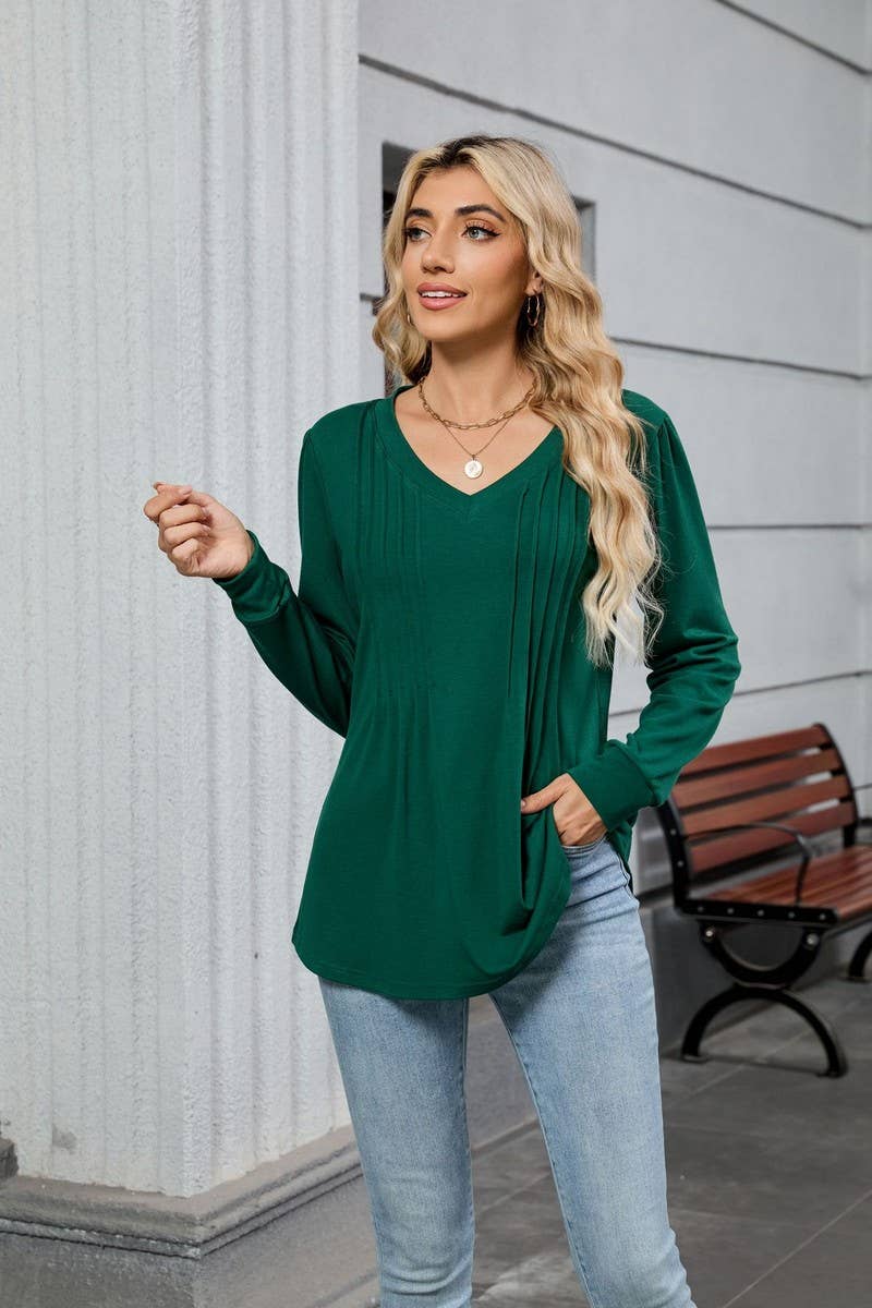 CWTBLL01306_V NECK RIBBED SOLID LONG SLEEVE CASUAL TEE