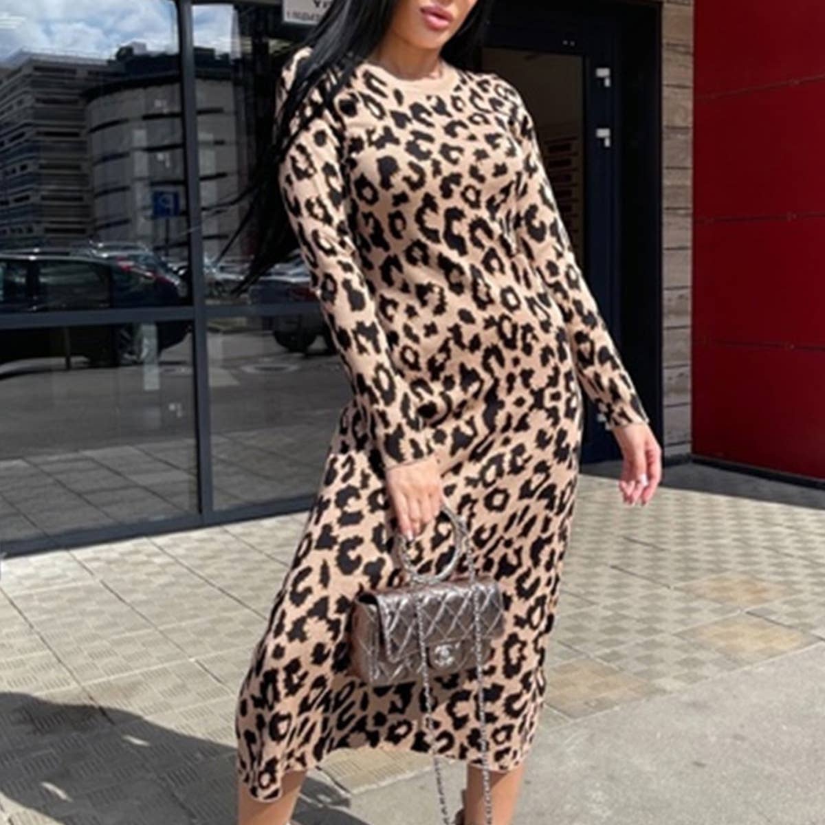 CREW-NECK LONG-SLEEVED LEOPARD PRINT KNIT DRESS