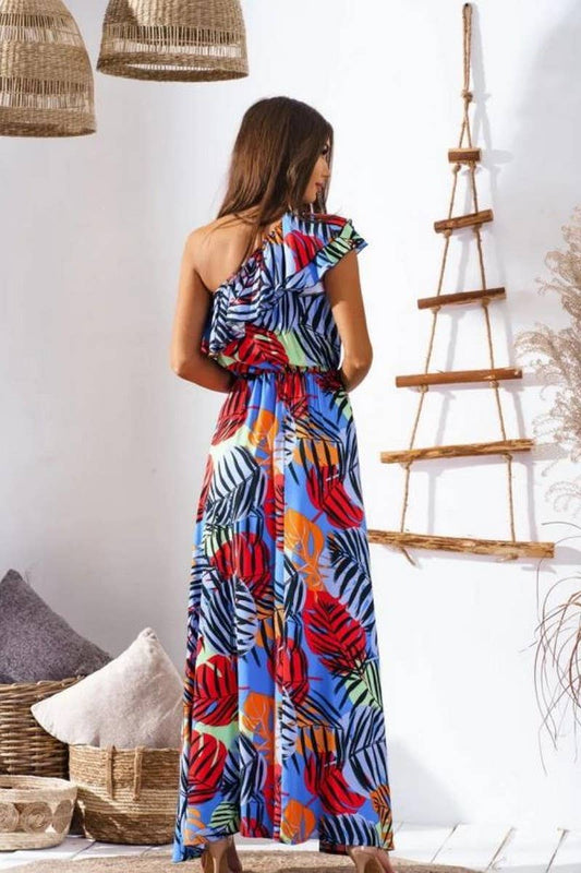 CWDMD4117_OFF-SHOULDER WAIST PRINTED LONG DRESS